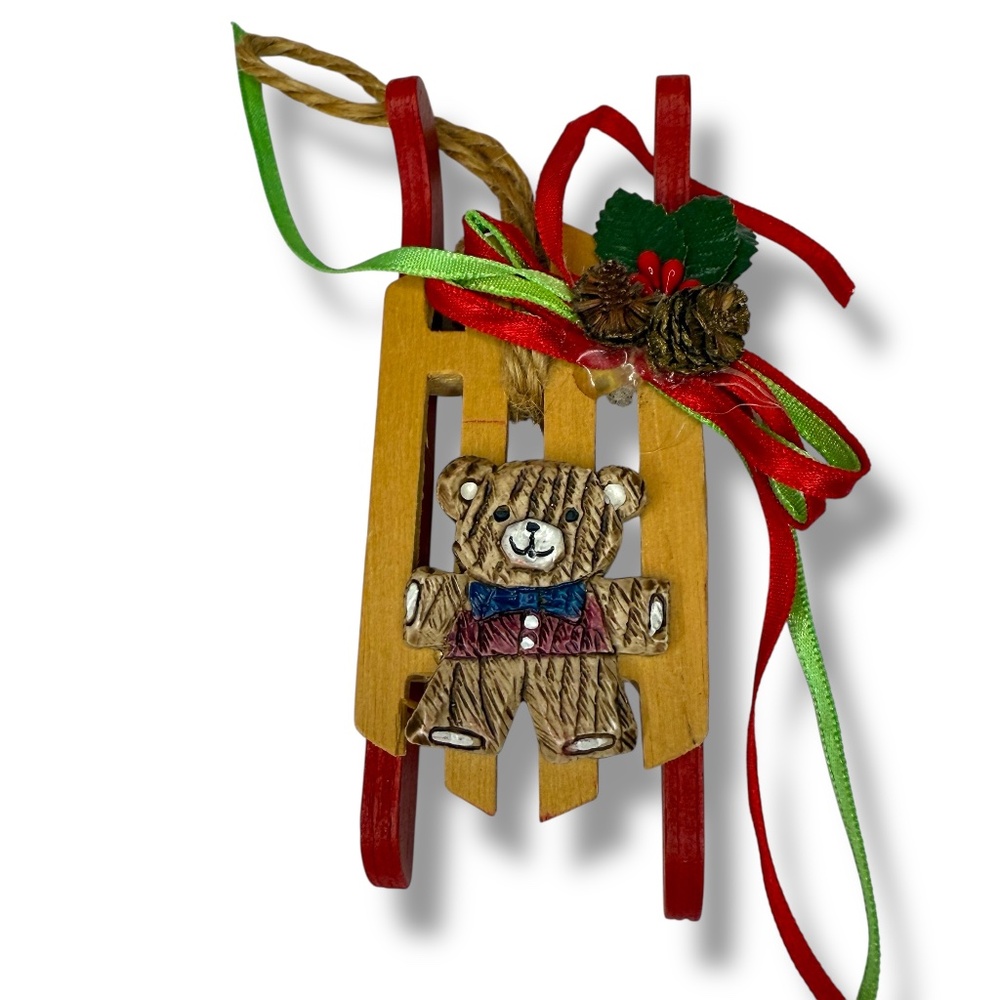 Vintage Christmas Wooden Sled Ornament‎ with Teddy Bear Cottagecore Classic